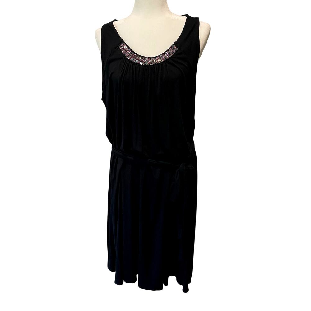 NEW Lane Bryant Midi Dress Sz 22/24 Sequined Neck Tie Belt Stretchy Black Party